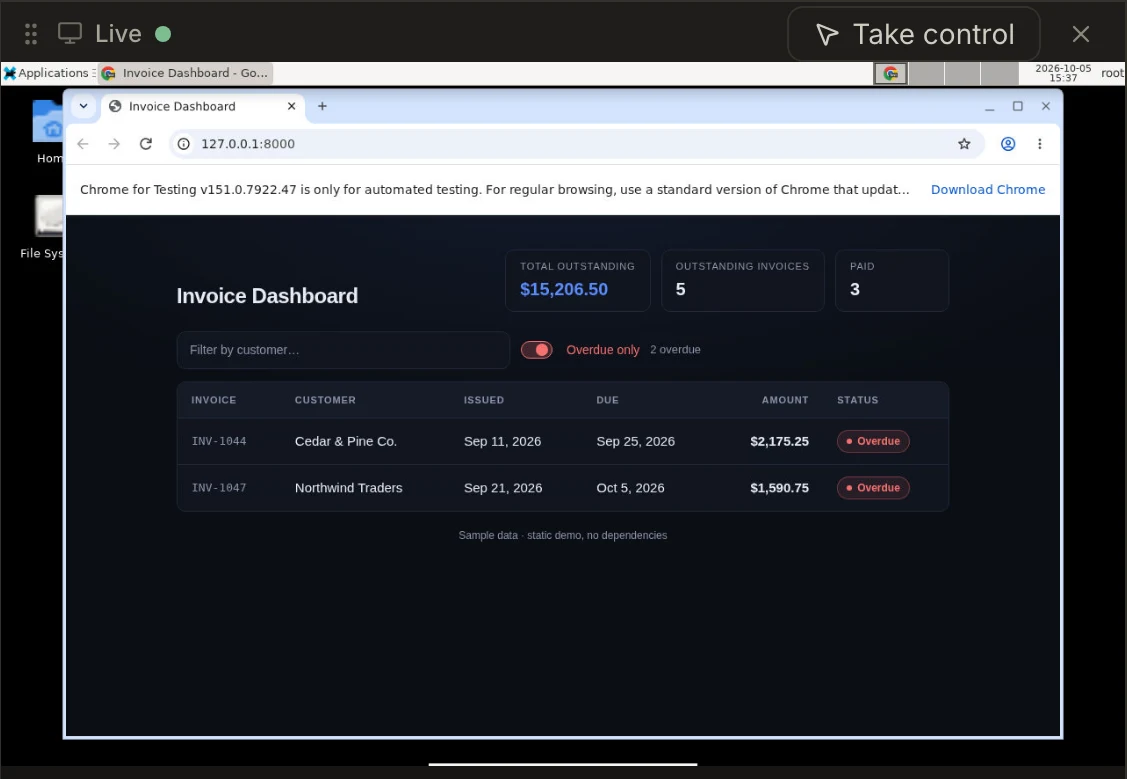 The live desktop of the sandbox, showing the invoice dashboard filtered to overdue invoices.