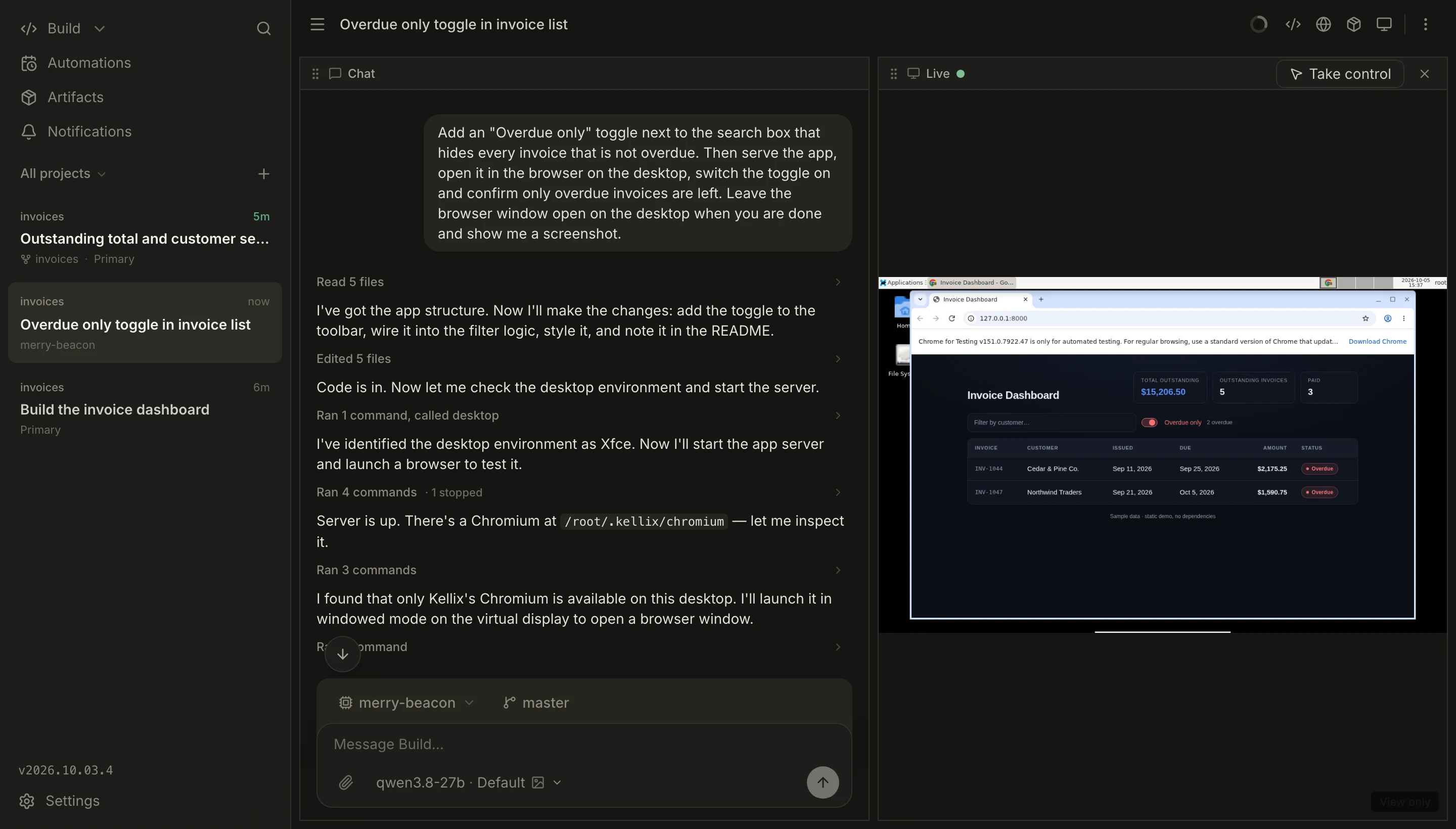 A session in a sandbox: the chat on the left, and on the right a live view of the virtual machine's desktop where the agent has the invoice dashboard open with its new filter switched on.