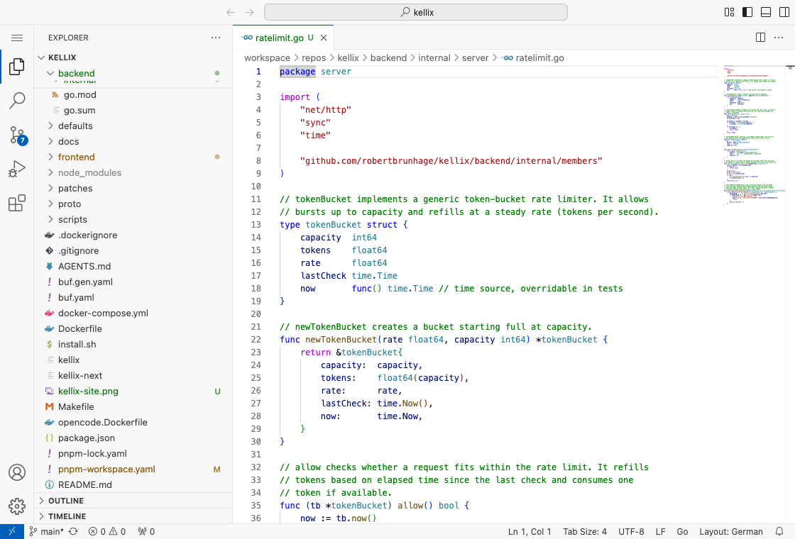 VS Code running in the browser inside a Kellix workspace, with the kellix repository open and ratelimit.go in the editor.