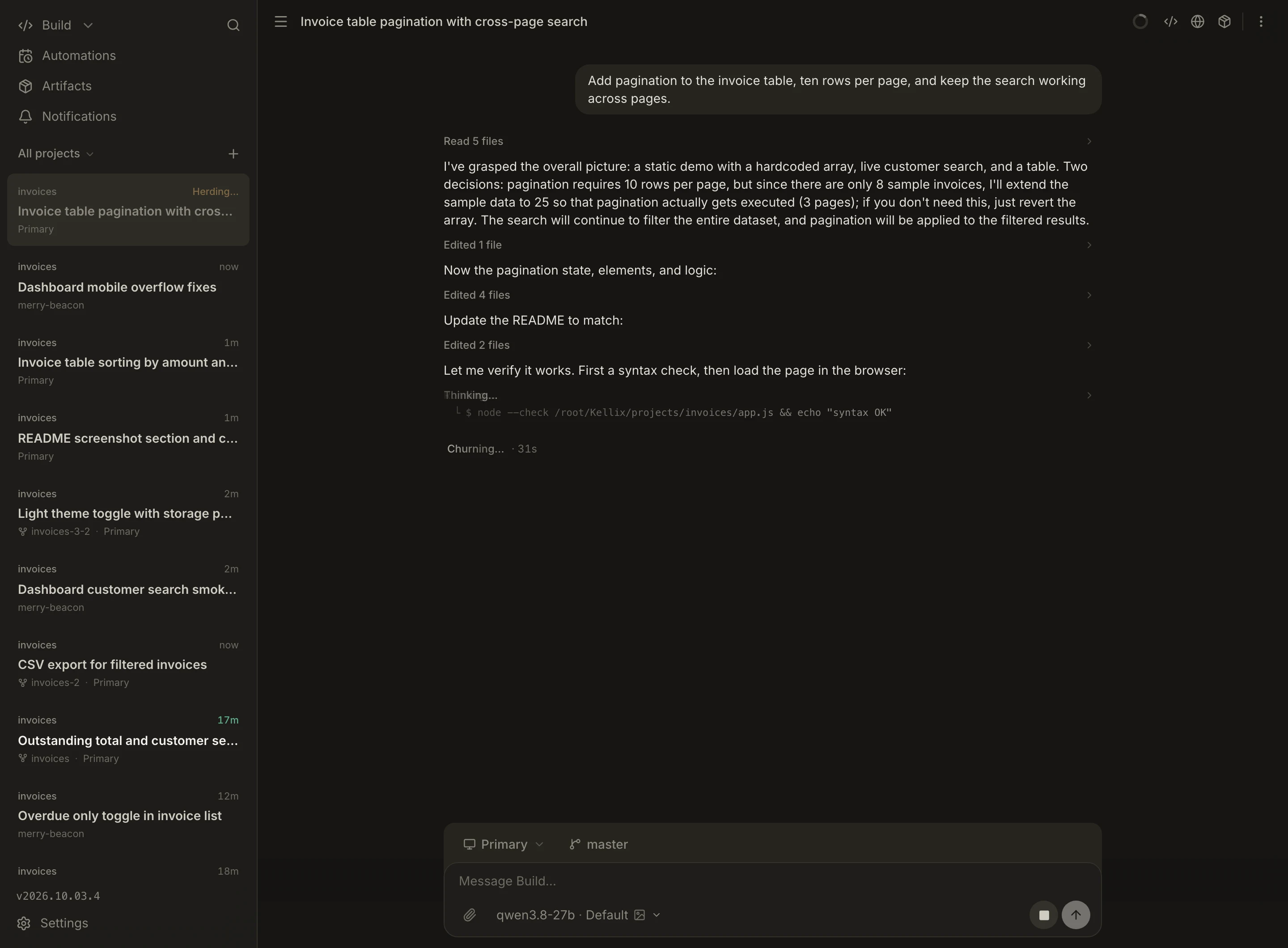 Ten Kellix sessions on one project, listed with the machine each one runs on: the home server, worktrees of their own, and a sandbox. The open session is adding pagination and checking it in the browser.