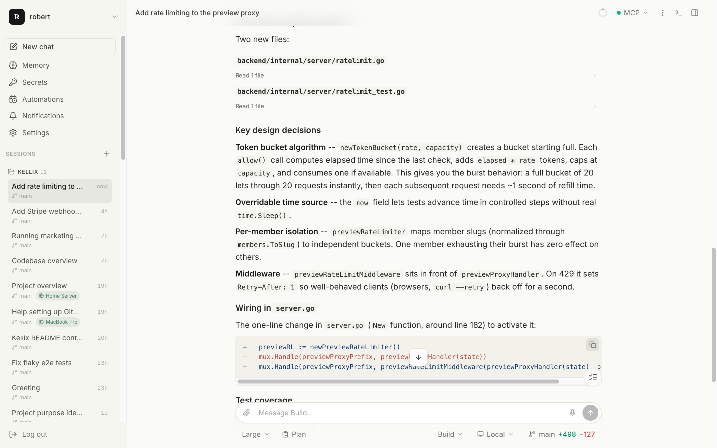 The Kellix workspace mid-task: an agent explaining a rate-limiting change with a real code diff, next to a sidebar of project sessions tagged with git branches and remote machines like Home Server and MacBook Pro.