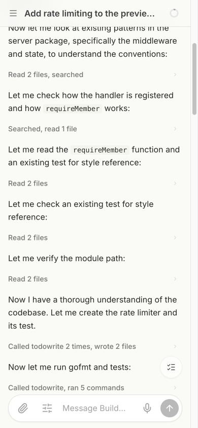 A live Kellix session on a phone: the agent narrating its progress with file reads and test runs, above the message composer.