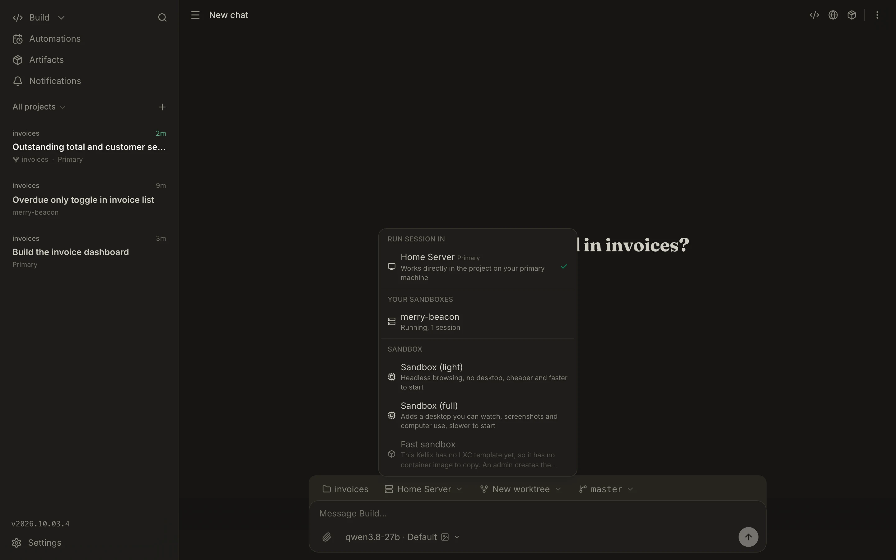 Starting a session: the picker lists the home server, a running sandbox, and new light or full sandboxes.
