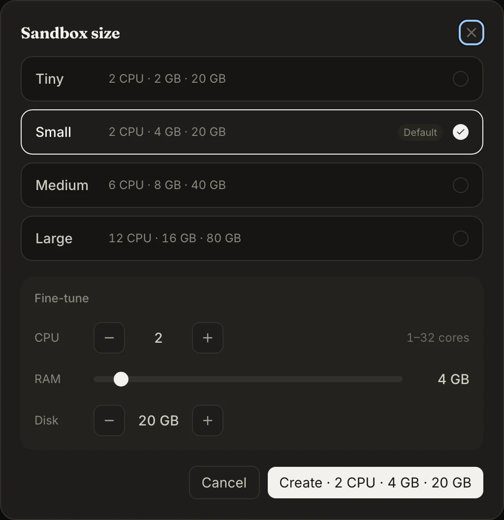 The sandbox size dialog, with presets from 2 CPU and 2 GB up to 12 CPU and 16 GB.