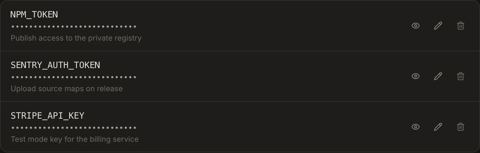 Three stored secrets with their values masked: an npm token, a Sentry token and a Stripe key.