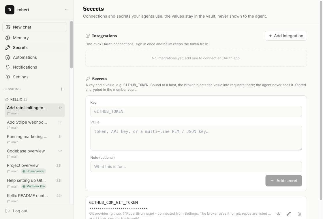The Secrets page showing an OAuth integrations section and a key-value vault, with one git provider token connected and bound to a host.