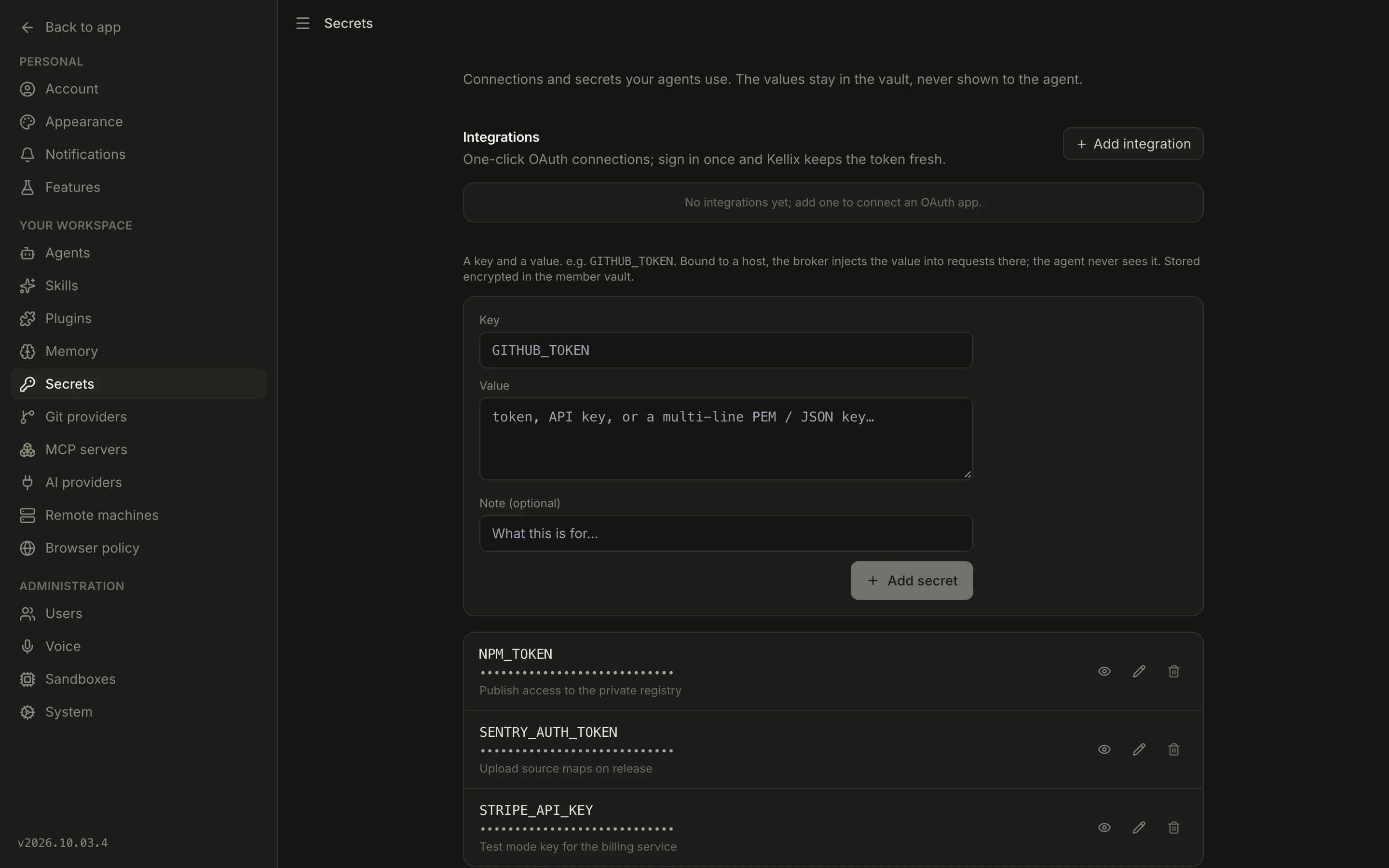 The Secrets page: values stay in the vault and are injected into requests for the host they are bound to.