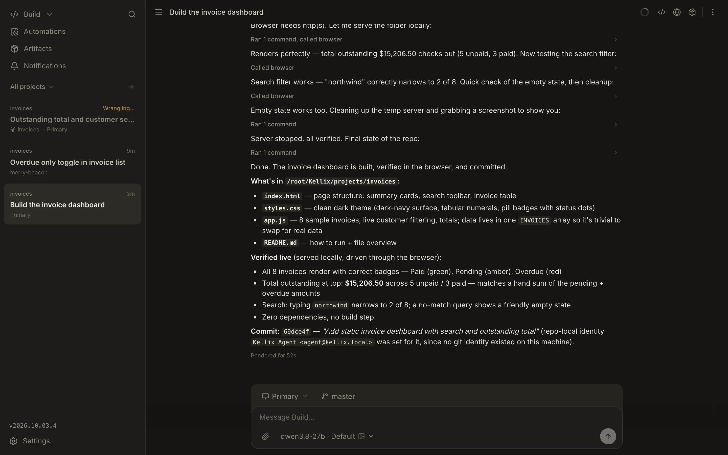 The end of a session: the agent summarises the files it wrote, what it verified in the browser, and the commit.